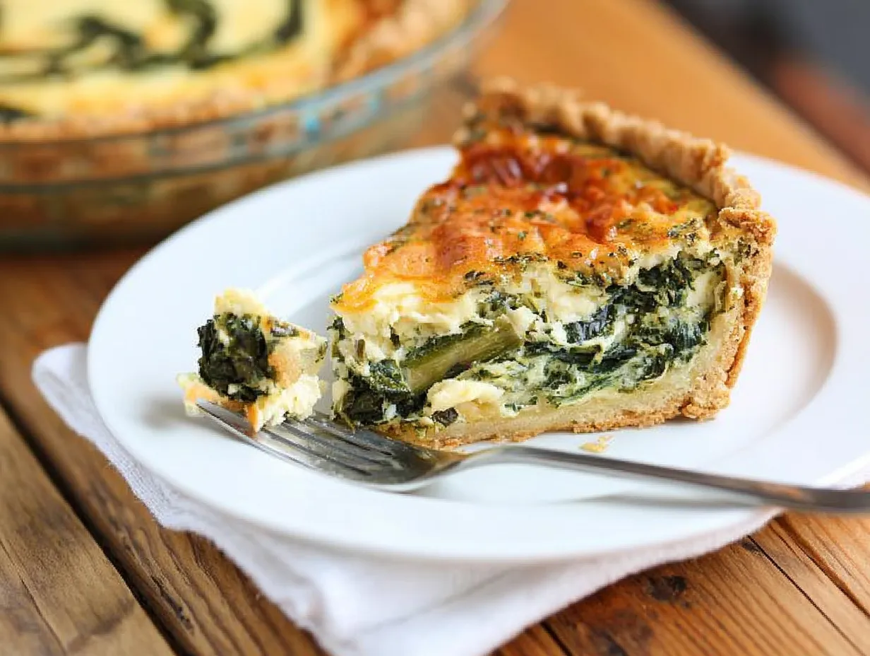 A plated slice of golden-brown asparagus quiche on a white plate with a silver fork holding a bite-sized piece, showing a thick, creamy filling packed with crisp-tender greens.