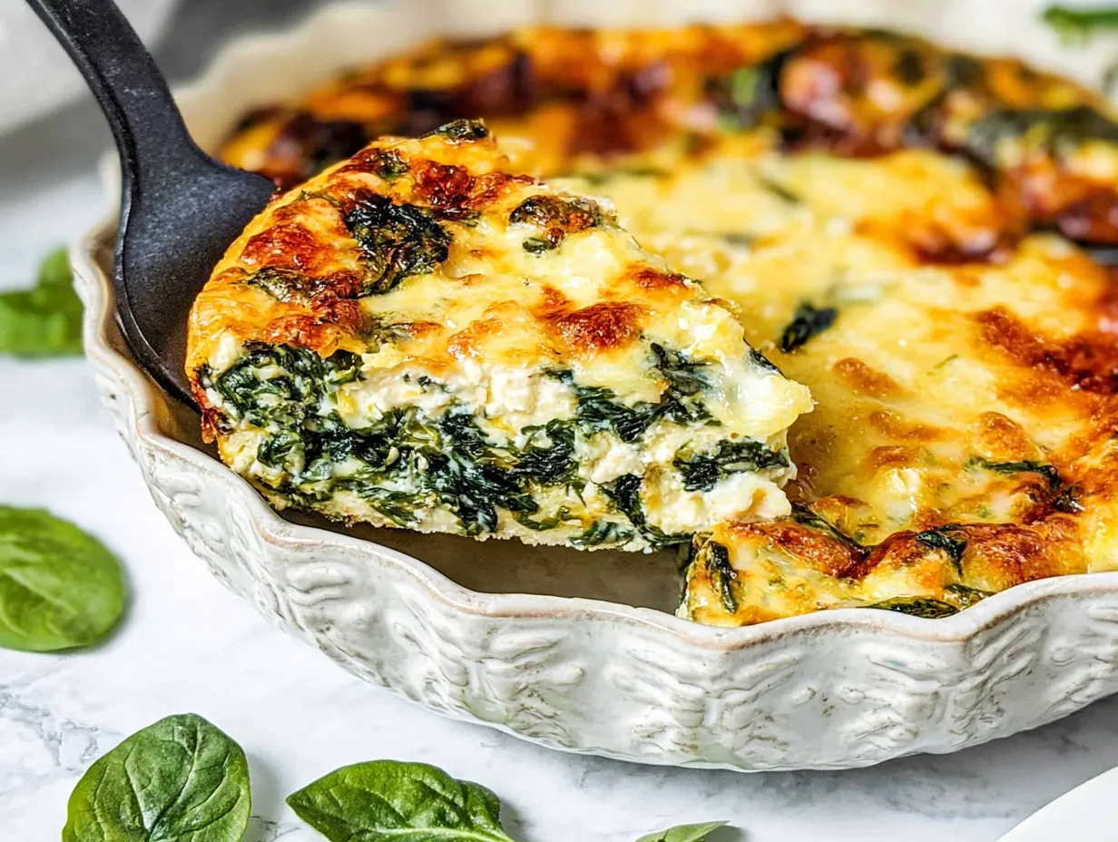 A close-up of a metal spatula lifting a thick slice of golden-brown crustless spinach quiche out of a white ceramic pie dish, revealing a fluffy interior packed with cooked greens and melted cheese.