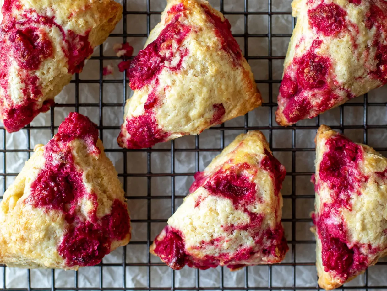Overhead shot of six freshly baked, wedge-shaped raspberry scones cooling on a black wire baking rack placed over crumpled white parchment paper.