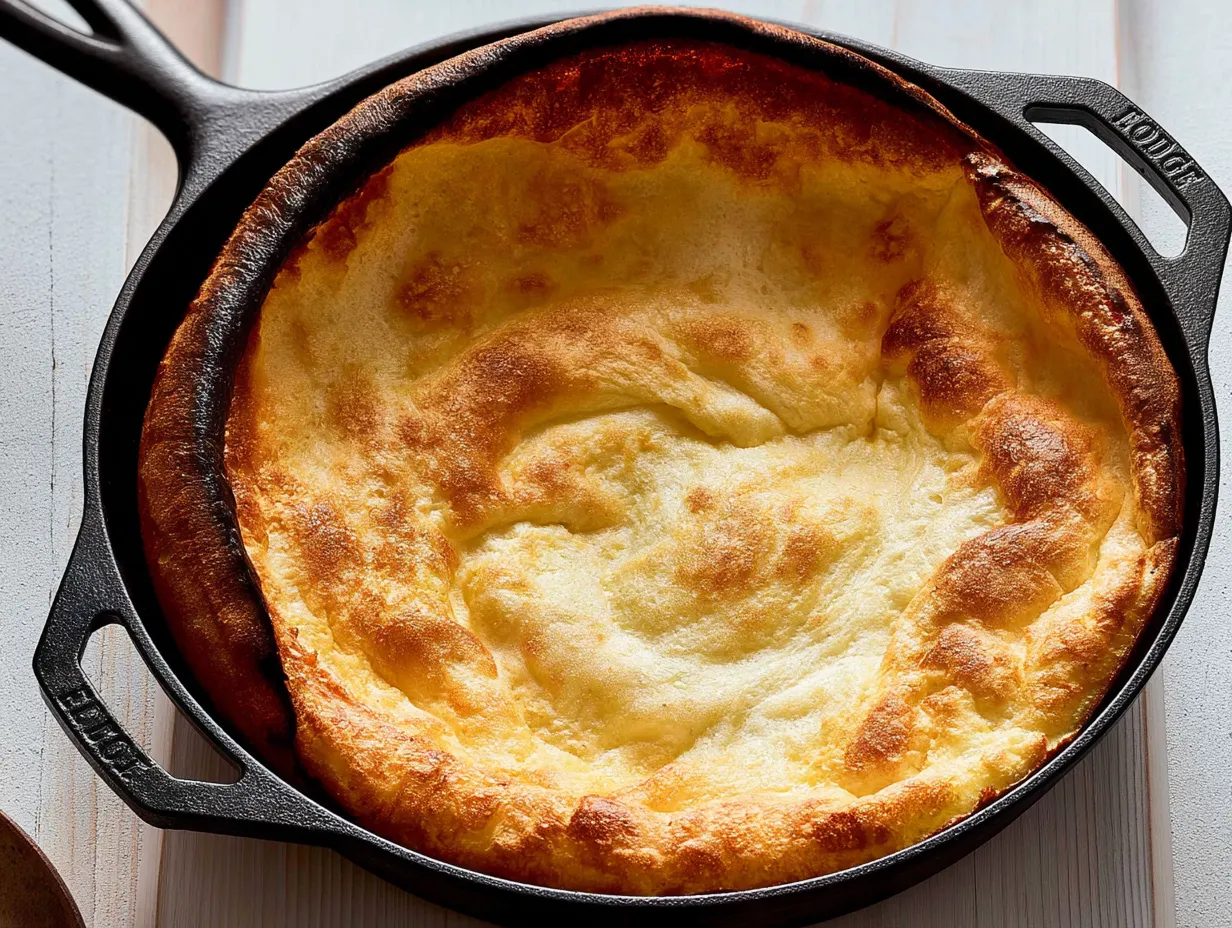 Close-up of a freshly baked, deeply golden Dutch baby pancake puffed up inside a black cast iron skillet, resting on a light wooden surface.
