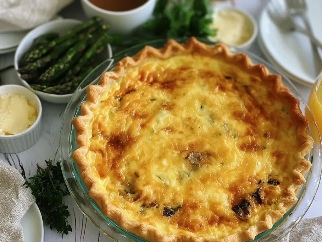 A freshly baked asparagus and bacon quiche in a glass pie dish on a bright brunch table, surrounded by a bowl of roasted asparagus spears, fresh herbs, and plates.