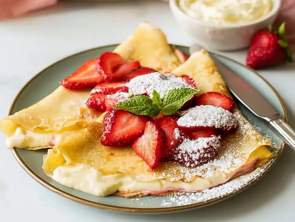 A close-up shot of two golden, folded crepes resting on a light sage green plate. A rich, white cream cheese filling slightly oozes from the sides. The crepes are generously topped with a mound of fresh sliced strawberries, a heavy dusting of powdered sugar, and a sprig of fresh mint. A silver knife rests on the right edge of the plate.