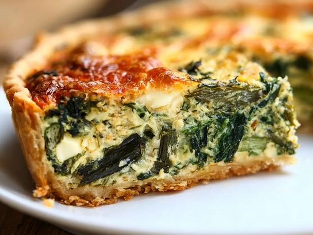 A close-up cross-section of a thick slice of asparagus quiche on a white serving plate, showing a flaky golden crust and a creamy custard filling packed with layers of vibrant green asparagus