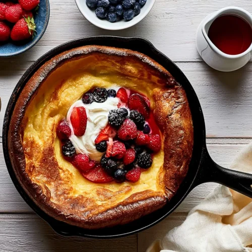 Overhead view of a deeply golden, puffed Dutch baby pancake in a black cast iron skillet, loaded with whipped cream and fresh mixed berries. It rests on a light wooden table next to a pitcher of syrup, extra fruit, and a powdered sugar duster.