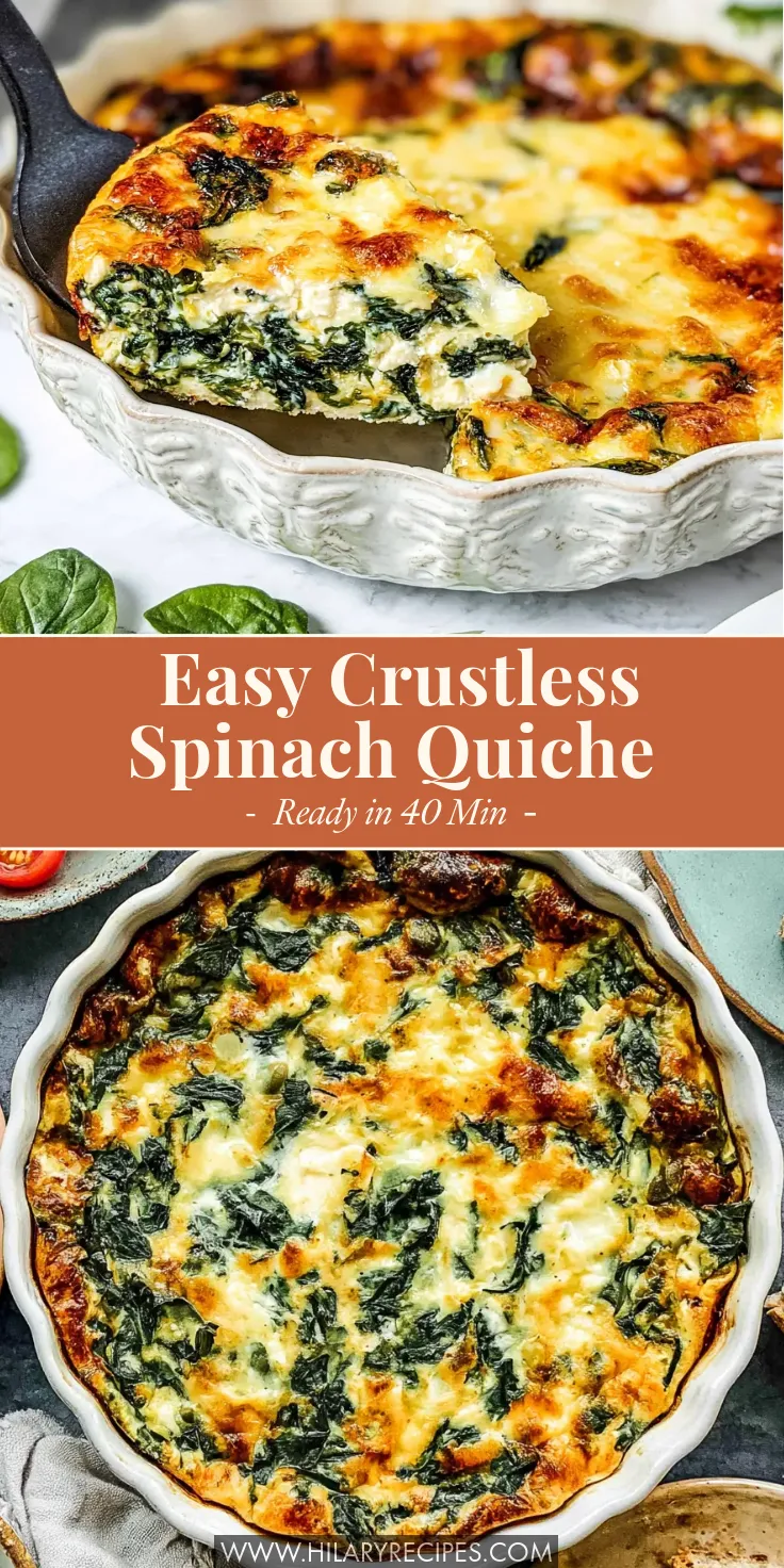 A vertical Pinterest graphic for an Easy Crustless Spinach Quiche. The top photo shows a thick slice being lifted from a white fluted baking dish, while the bottom photo shows an overhead view of the whole baked quiche. A rust-colored banner in the middle reads "Easy Crustless Spinach Quiche - Ready in 40 Min -"