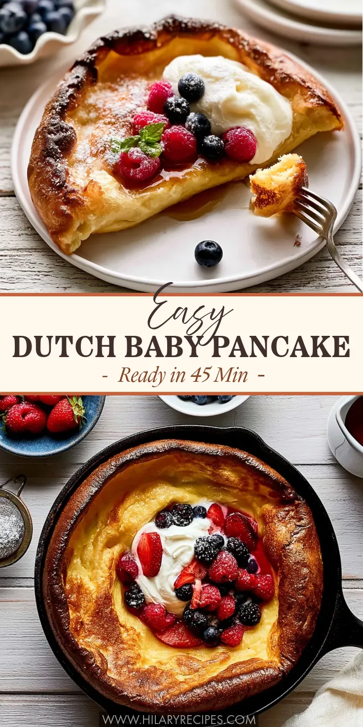 Pinterest graphic featuring two images of a golden, puffed Dutch baby pancake topped with cream and berries, with text reading 'Easy Dutch Baby Pancake - Ready in 45 Min -
