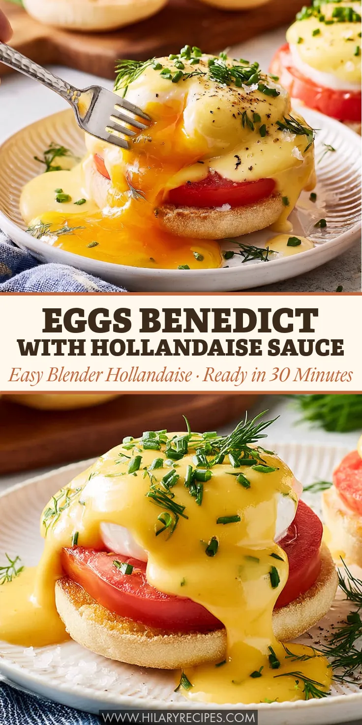 A close-up of a fork cutting into a perfectly poached egg on top of a fresh tomato slice and toasted English muffin, featuring a runny yolk and creamy blender hollandaise sauce garnished with chives and dill.