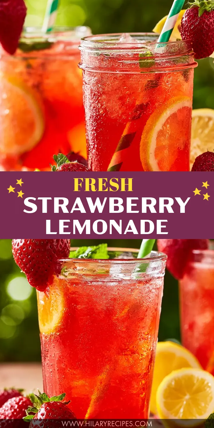 A vertical graphic featuring two photos of iced strawberry lemonade garnished with fresh fruit, separated by a purple banner reading "FRESH STRAWBERRY LEMONADE".