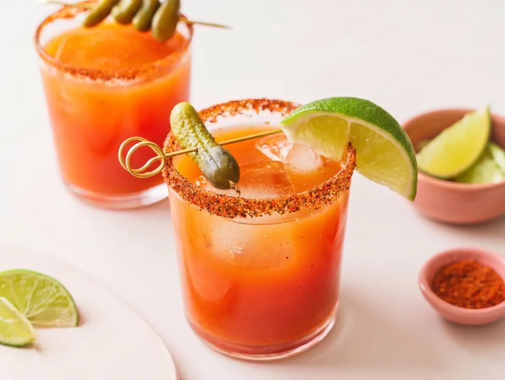 Two glasses of bright orange-red michelada mocktails served over large ice cubes on a light surface. The rims of the glasses are heavily coated in red Tajín seasoning. The front drink is garnished with a fresh lime wedge and a gold cocktail pick holding a small green cornichon pickle. Small, rustic bowls containing lime wedges and extra red spice sit softly out of focus in the background.