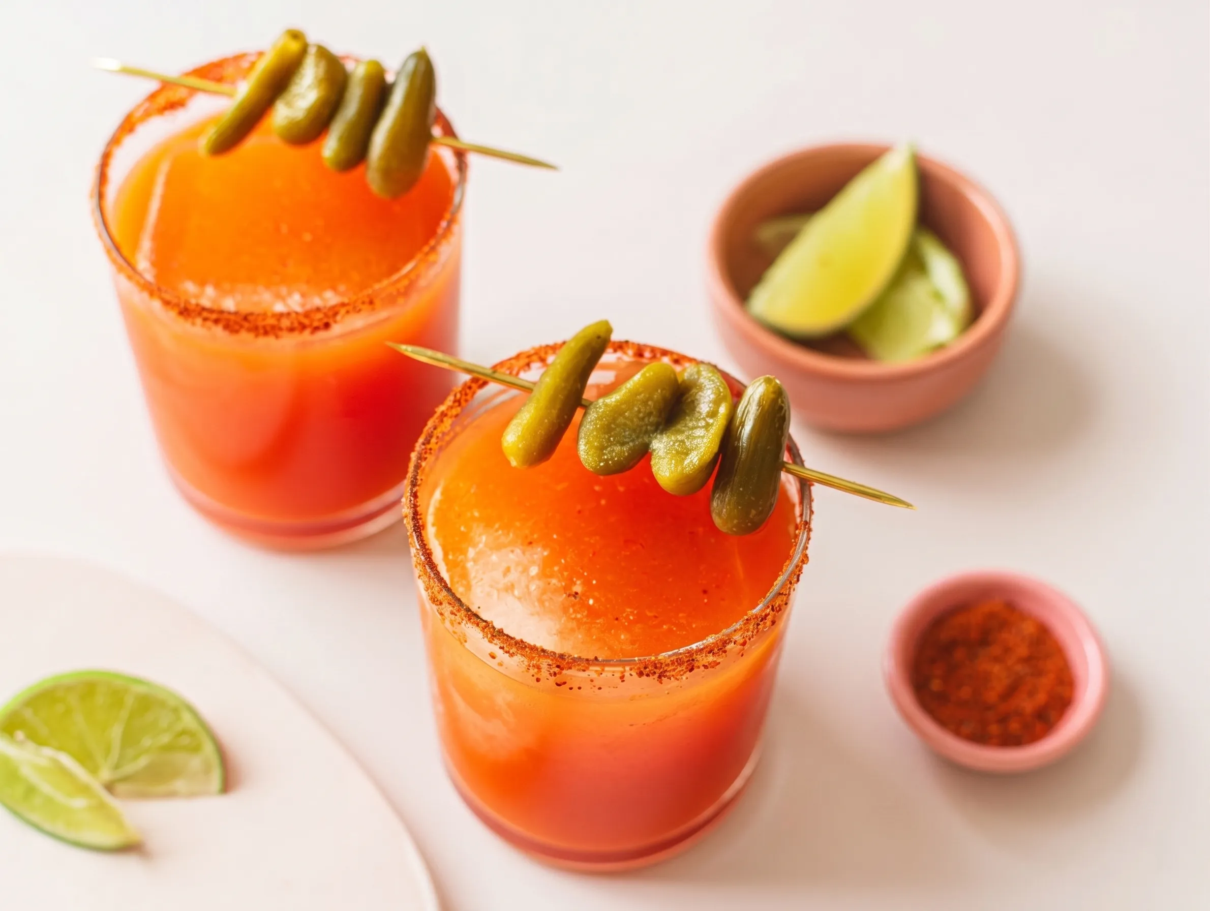 Alt Text: A high-angle view of two short glasses filled with bright orange-red michelada mocktails over large, solid ice cubes. The rims of the glasses are heavily coated in red Tajín seasoning. Each drink is garnished with a wooden cocktail skewer holding four small green cornichon pickles resting across the top. Small terracotta bowls containing fresh lime wedges and extra red spice sit on a pale, light pink surface in the softly focused background.