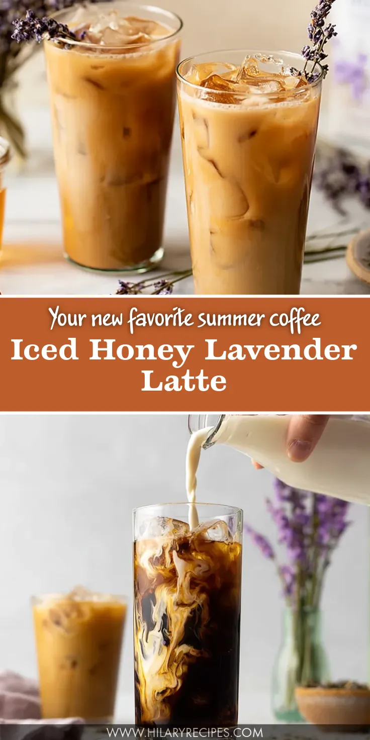A vertical, three-panel graphic for an iced honey lavender latte. The top panel shows two tall glasses of the creamy, light-brown iced coffee drink garnished with dried lavender sprigs. The middle panel features a rust-colored background with white text that reads, "Your new favorite summer coffee Iced Honey Lavender Latte." The bottom panel shows a hand pouring milk from a glass carafe into a tall glass of iced dark coffee, creating swirling white layers, with a vase of fresh lavender in the background.