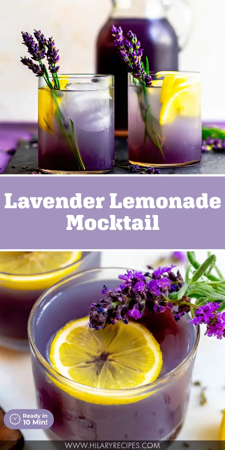 A split graphic showing a vibrant, layered purple lavender lemonade mocktail over ice, garnished with fresh lemon wheels and bright purple lavender sprigs. Text overlays read 'Lavender Lemonade Mocktail' and 'Ready in 10 Min!'