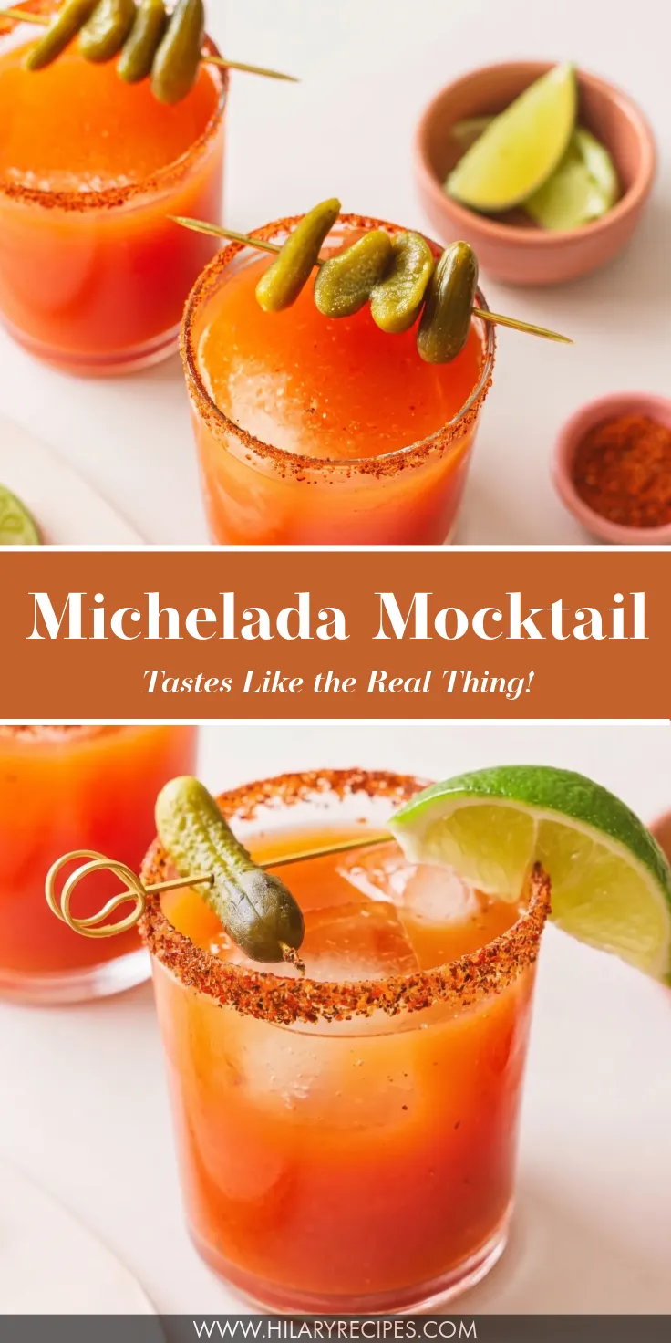 A tall Pinterest-style collage showing bright red michelada mocktails poured over solid ice in Tajín-rimmed glasses. The drinks are garnished with fresh lime wedges and skewered cornichon pickles, and the center text reads "Michelada Mocktail, Tastes Like the Real Thing!"