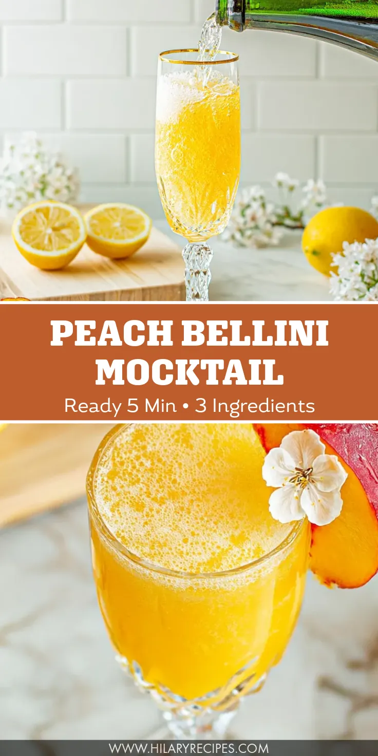 A tall crystal flute being filled with a vibrant, golden Peach Bellini mocktail, alongside a close-up of the bubbly drink garnished with a fresh peach slice and a white edible flower.