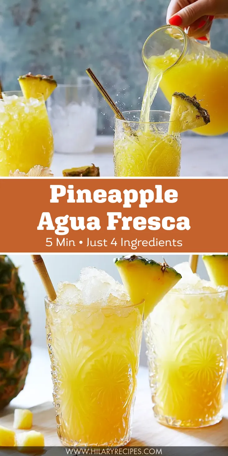 Pineapple Agua Fresca pin A vertical collage image for Pinterest. The top section shows a hand pouring bright yellow pineapple agua fresca from a clear glass pitcher into an ornate glass filled with ice, creating small splashes. The middle section features a brown banner with white text reading "Pineapple Agua Fresca," followed by "5 Min • Just 4 Ingredients." The bottom section displays two textured glasses filled with the golden drink, crushed ice, bamboo straws, and fresh pineapple wedges, with a whole pineapple resting in the background.