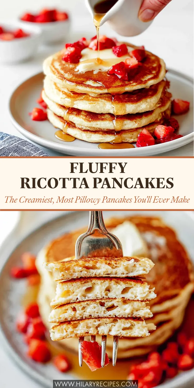 A tall Pinterest graphic showing a stack of fluffy ricotta pancakes topped with fresh strawberries and pouring maple syrup, with text that reads "Fluffy Ricotta Pancakes: The Creamiest, Most Pillowy Pancakes You'll Ever Make," and a close-up of a forkful revealing the thick, airy interior.