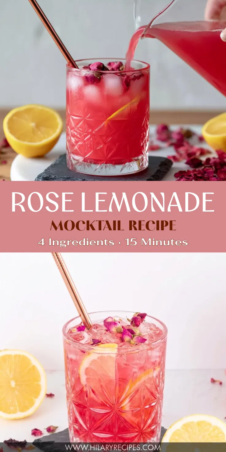 A tall graphic for a Rose Lemonade Mocktail Recipe featuring two photos. The top image shows vibrant pink lemonade being poured from a pitcher into an ice-filled textured glass garnished with dried rose buds and a lemon slice. The bottom image is a close-up of the finished drink with a copper straw, sitting next to fresh lemon halves and scattered rose petals. Text across the center reads "Rose Lemonade Mocktail Recipe, 4 Ingredients, 15 Minutes."