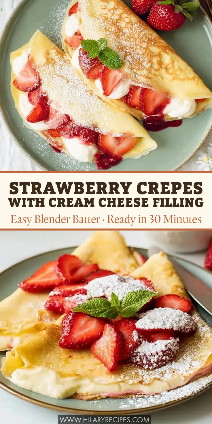 A collage featuring two photos of golden, folded crepes filled with cream cheese and topped with fresh sliced strawberries, powdered sugar, and a sprig of mint on light green plates. The middle text overlay reads "Strawberry Crepes with Cream Cheese Filling. Easy Blender Batter · Ready in 30 Minutes."