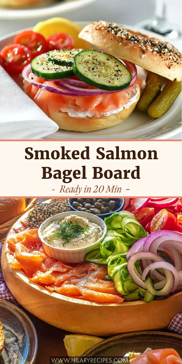 A vertical Pinterest graphic for a Smoked Salmon Bagel Board. The top shows an assembled everything bagel layered with cream cheese, smoked salmon, red onion, and seasoned cucumber slices. The central text reads 'Smoked Salmon Bagel Board - Ready in 20 Min'. The bottom shows a round wooden grazing board filled with folds of smoked salmon, herbed cream cheese with fresh dill, cucumber ribbons, red onion slices, cherry tomatoes, capers, and bagel seasoning.