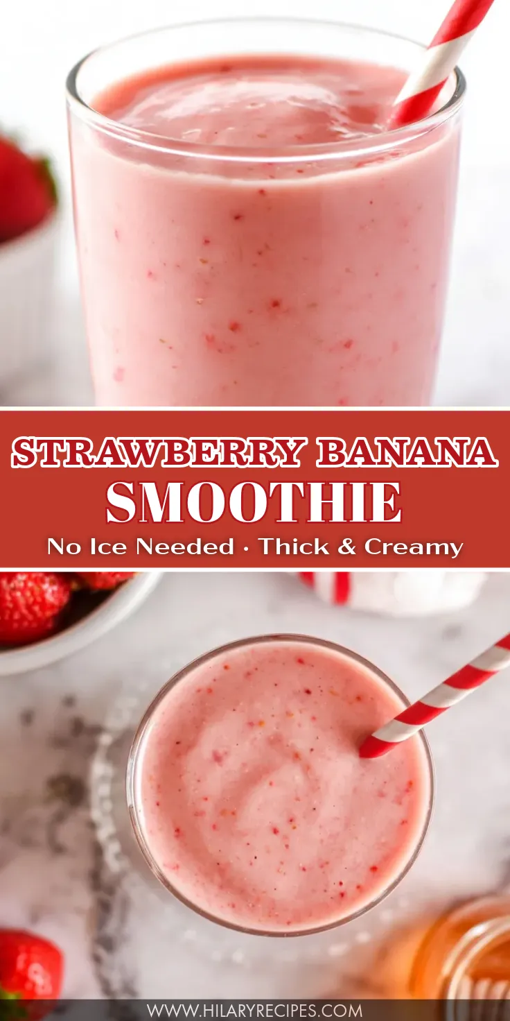 A collage showing a tall glass of pale pink strawberry banana smoothie with a red and white striped straw. The center text reads "Strawberry Banana Smoothie, No Ice Needed, Thick & Creamy," with fresh strawberries and a jar of honey resting on a marble countertop below.