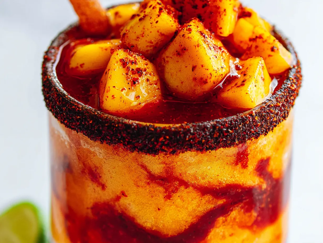 A close-up shot of a vibrant golden mango chamoy mocktail in a glass with a thick chile-lime salt rim. The frosty drink is heavily marbled with glossy, deep red chamoy sauce and generously topped with fresh mango cubes, extra Tajín, and a tamarind candy straw.