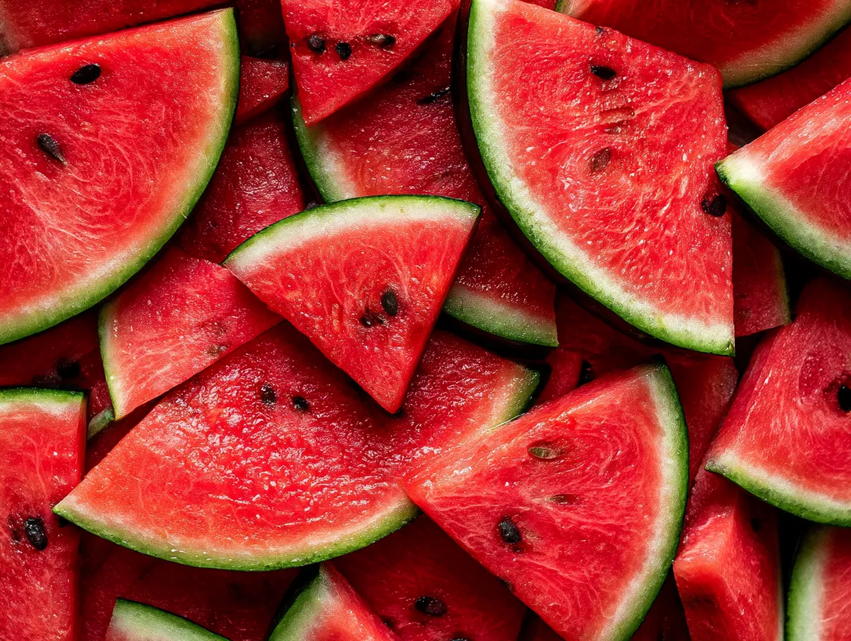 An overhead close-up flat lay of vibrant red, sliced watermelon wedges layered tightly together. The juicy slices feature deep pinkish-red flesh dotted with scattered black seeds and crisp green rinds, showcasing rich natural textures and bright summer colors.