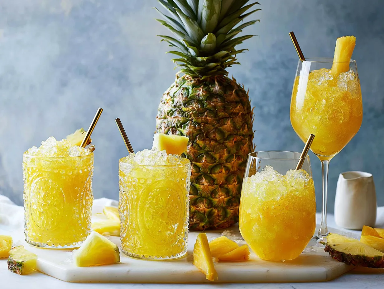 bright yellow pineapple agua fresca A styled spread featuring four glasses filled with bright yellow pineapple agua fresca and crushed ice. The glasses vary from ornate tumblers to sleek goblets, each garnished with a gold straw and a fresh pineapple wedge. A whole pineapple stands in the center of a white marble board, surrounded by scattered pineapple chunks against a textured blue background.