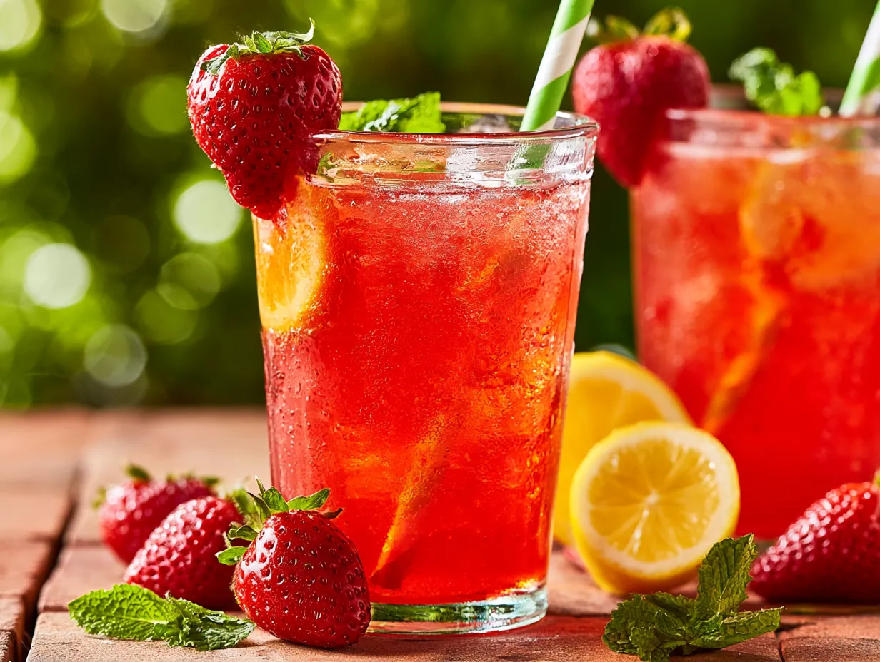 Two tall, condensation-covered glasses filled with bright red strawberry lemonade and ice. The front glass is garnished with a whole strawberry on the rim, a lemon slice inside, fresh mint leaves, and a green and white striped paper straw. Fresh strawberries, lemon halves, and scattered mint leaves sit on a textured surface around the glasses against a bright green blurred outdoor background.