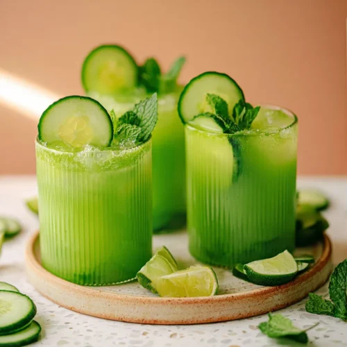 A wide-angle shot of three ribbed glasses filled with vibrant green cucumber lime agua fresca on a stone tray, garnished with cucumber wheels and fresh mint.