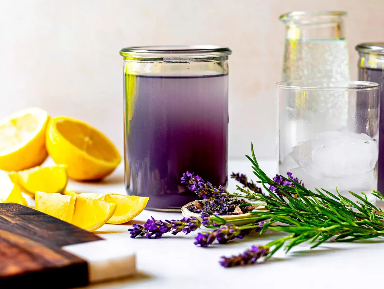 A brightly lit arrangement on a white countertop featuring a straight-sided jar of deep purple lavender syrup, fresh yellow lemon halves and slices next to a wood and marble cutting board, scattered purple lavender sprigs with green stems, a small spoon holding dried lavender buds, and a clear glass filled with ice cubes. A blurred pitcher of sparkling water sits in the background.