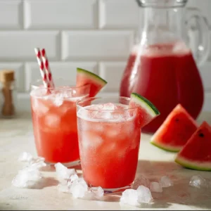 A bright, three-quarter angle food photograph of two glasses filled with vibrant pink watermelon agua fresca over ice. The foreground glass is beaded with condensation and garnished with a fresh watermelon wedge, while the background features a large serving pitcher of the fruit water, extra melon slices, and crushed ice scattered across a light countertop against a white subway tile wall.