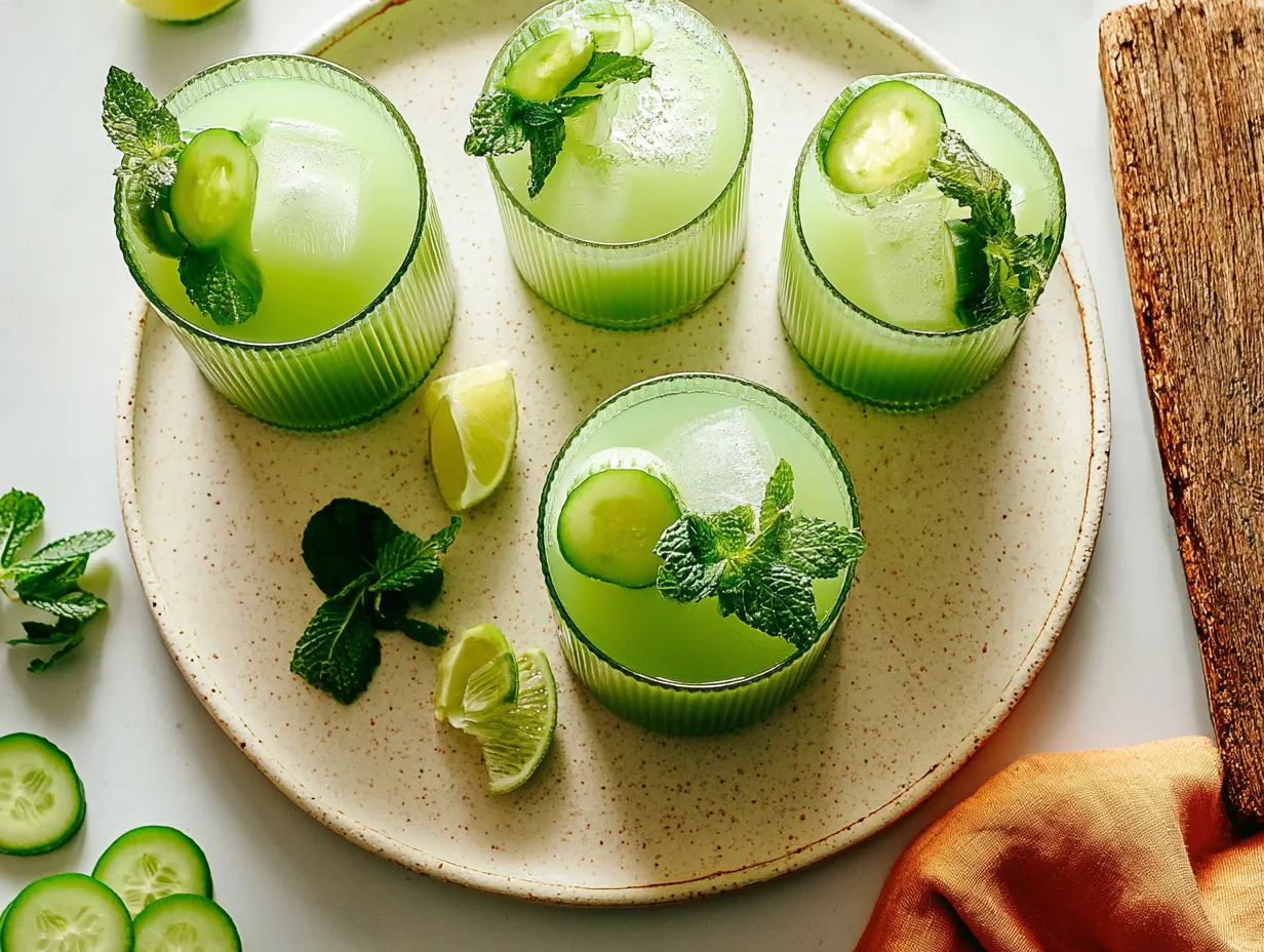 A bird's-eye view flat lay of four glasses of vibrant green cucumber lime agua fresca on a speckled ceramic tray, garnished with fresh mint and cucumber wheels.