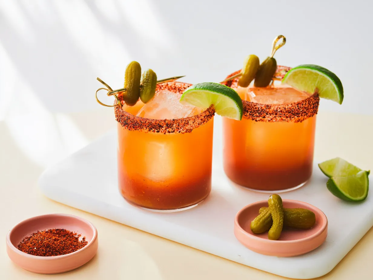 Two lowball glasses filled with bright, layered orange-red michelada mocktails over large solid ice cubes, resting on a white serving board. The thick rims are heavily coated in red Tajín seasoning, and each drink is garnished with a fresh lime wedge and a gold cocktail skewer holding small green cornichons. Small peach-colored dishes containing extra red spice and pickles sit nearby in the bright, natural sunlight.