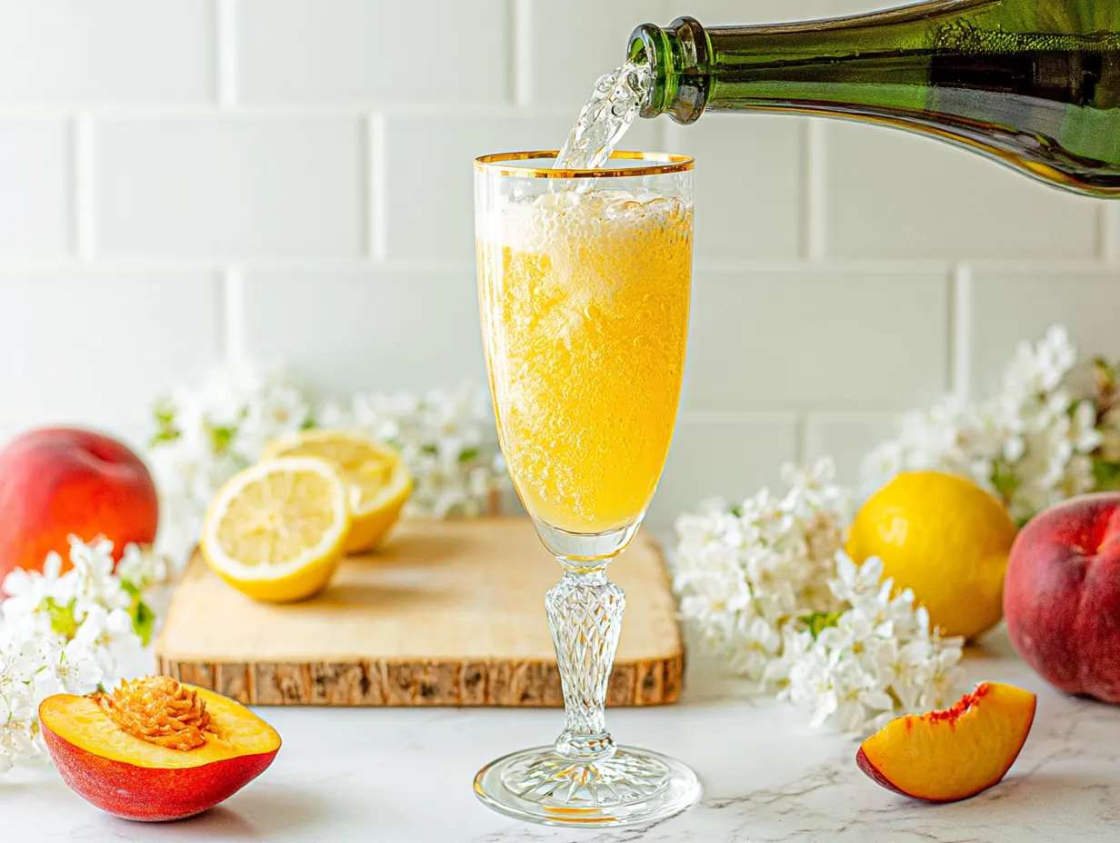 An action shot of clear sparkling water being poured from a dark green bottle into a gold-rimmed crystal flute filled with bubbly, golden peach purée. The glass sits on a light marble surface surrounded by fresh halved peaches, lemons, a wooden board, and delicate white blossoms against a white subway tile backsplash.