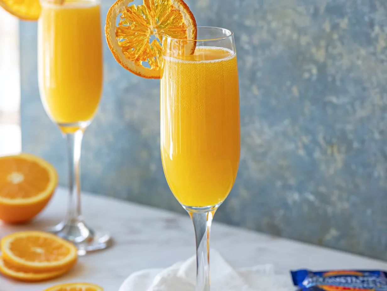 A close-up hero shot of a tall champagne flute filled with a bubbly bright orange virgin mimosa, garnished with a dehydrated orange wheel, resting on a marble counter against a textured blue background.