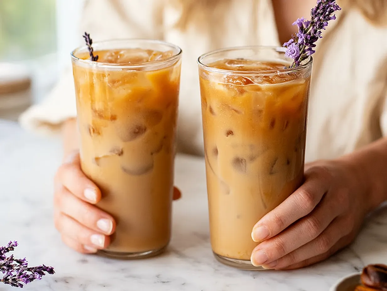A woman's hands gently holding two tall glasses of iced honey lavender lattes on a white marble countertop. The drinks feature a creamy, golden-brown gradient over ice cubes and are garnished with fresh purple lavender sprigs.