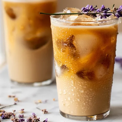 A close-up of a tall, condensation-covered glass filled with an iced latte, featuring a golden-brown gradient of milk and coffee. A sprig of fresh purple lavender rests horizontally across the rim, with dried lavender buds scattered on the white marble surface below.