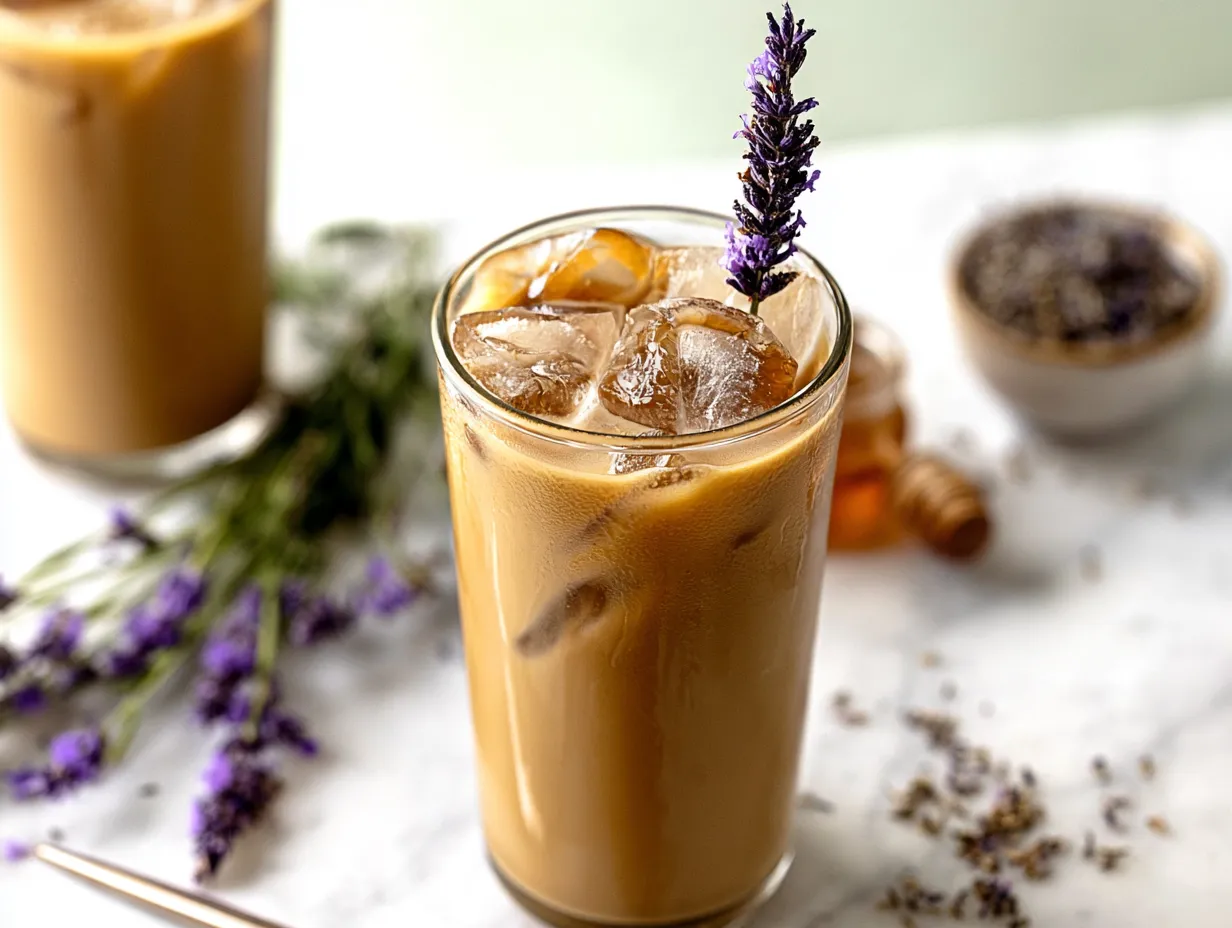 A close-up, slightly overhead-angled photo of a tall glass filled with a creamy iced honey lavender latte. The drink sits on a white marble surface, loaded with ice cubes, and features a bright sprig of fresh purple lavender sticking straight up from the center. In the softly blurred background, you can see scattered dried lavender buds, a bundle of fresh lavender stems, a small jar of honey, and a second iced latte.