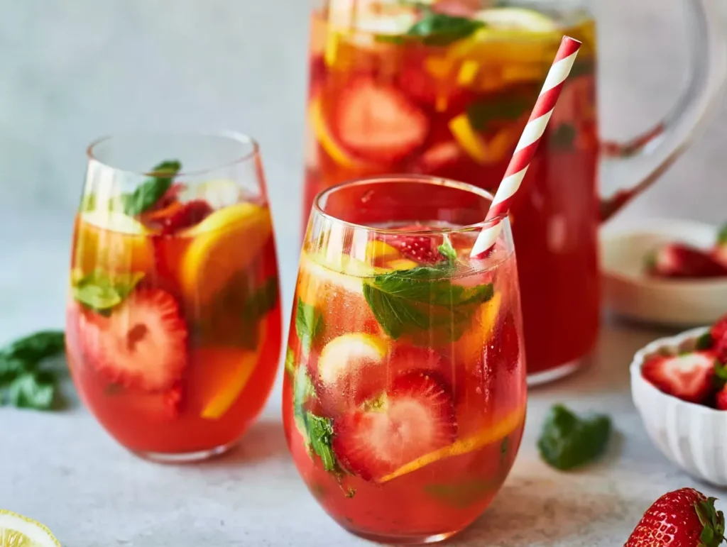 Two stemless glasses and a large pitcher filled with a vibrant red iced beverage, garnished with fresh sliced strawberries, lemon wedges, and green herbs, resting on a light gray surface.