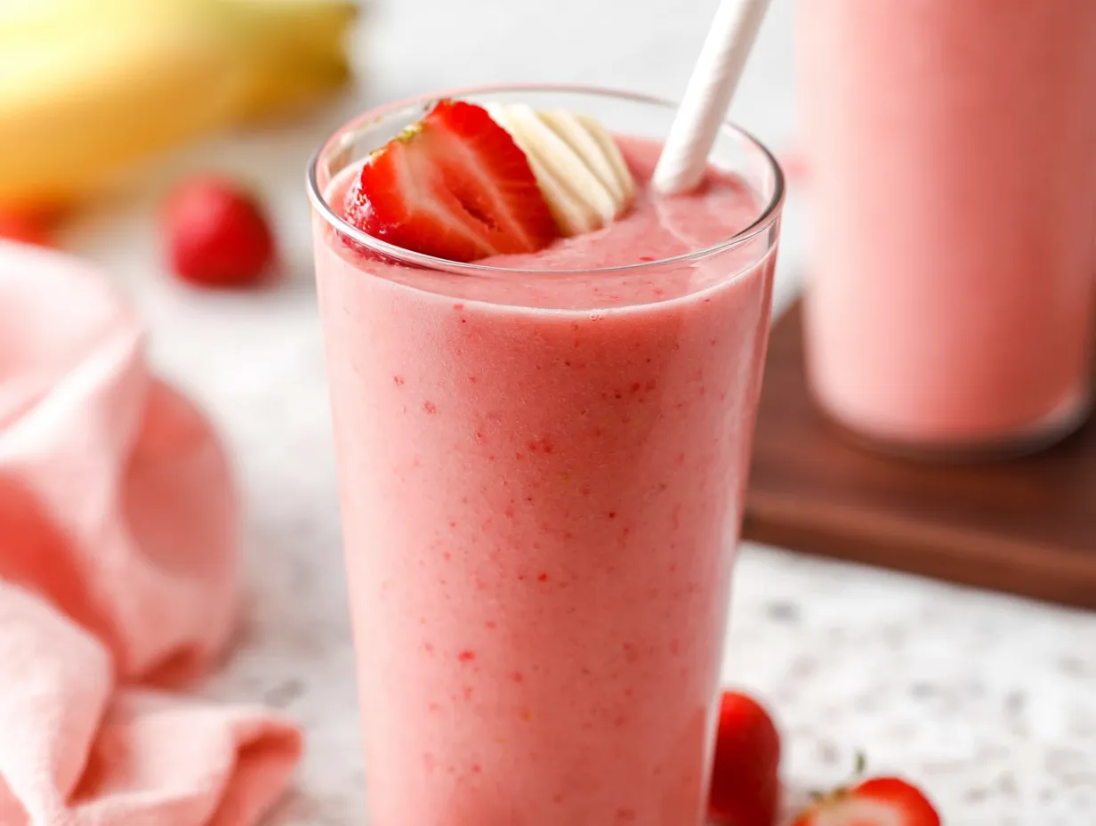 A close-up photograph of a tall glass of strawberry banana smoothie topped with a sliced fresh strawberry and banana rounds. The glass sits on a light-colored terrazzo surface with a second smoothie glass, a white straw, and a soft pink linen napkin softly blurred in the background.