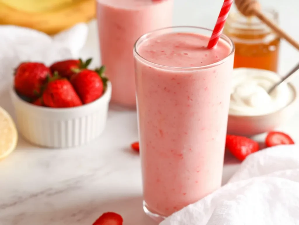 A close-up shot of a tall glass filled with a pale pink strawberry banana smoothie, featuring a red and white striped straw. The glass sits on a bright marble countertop surrounded by a white ramekin of fresh strawberries, a jar of honey with a wooden dipper, a small bowl of creamy yogurt, and a casually draped white linen napkin.