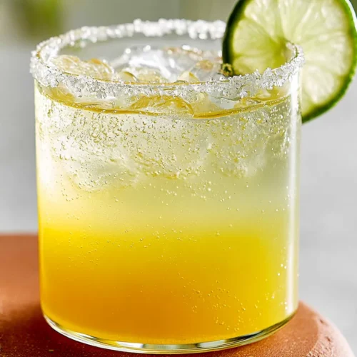 A close-up shot of a vibrant virgin margarita mocktail in a rocks glass filled with ice. The drink features a deep orange-yellow base that gradients into a light, bubbly top layer. The glass has a coarsely salted rim and is garnished with a fresh lime wheel on the side.