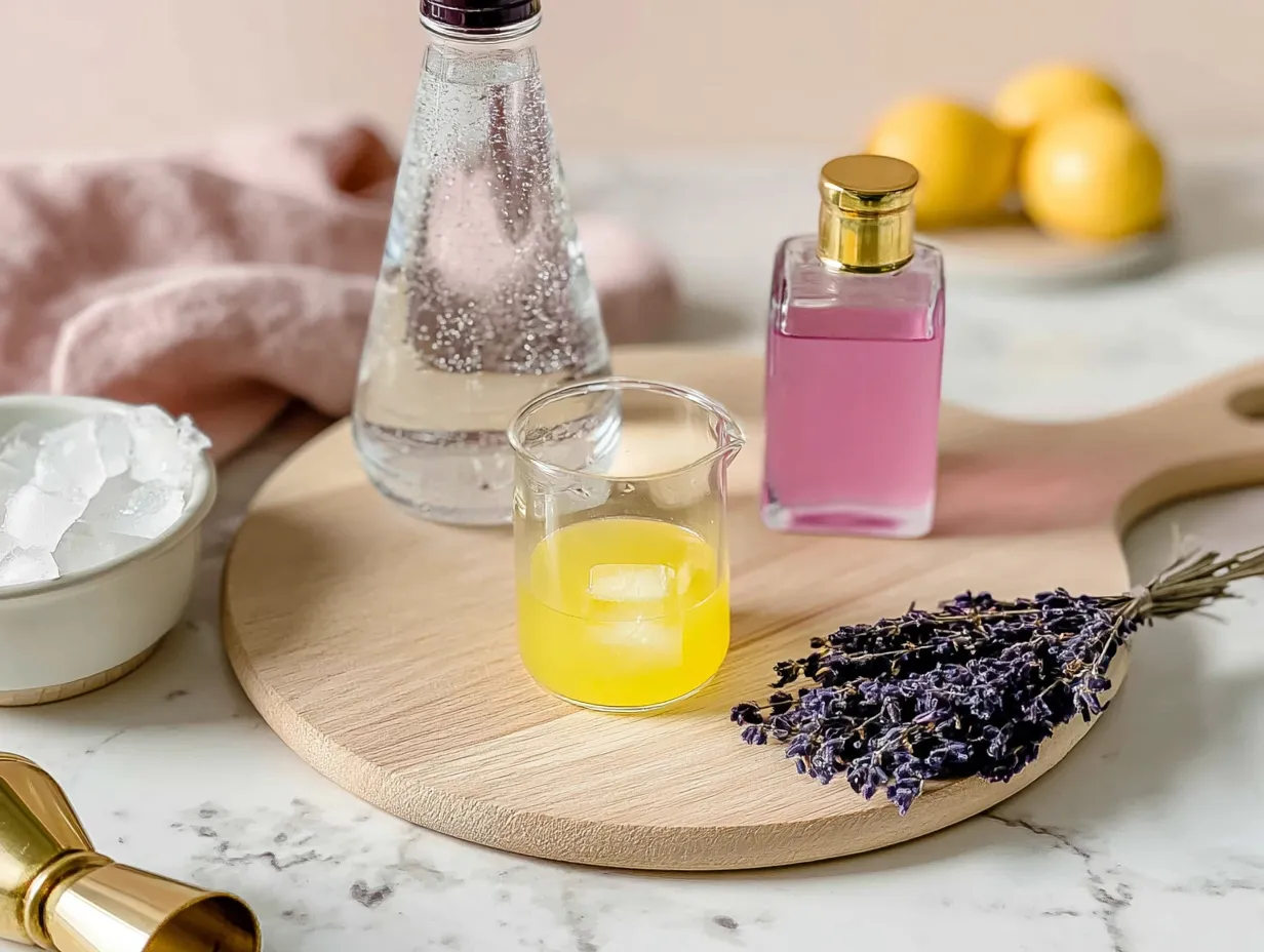 A bright, styled arrangement of lavender lemonade mocktail ingredients on a round wooden board, featuring a bottle of clear sparkling water, a small glass of fresh yellow lemon juice over ice, an elegant bottle of pink lavender syrup, and a bundle of dried purple lavender sprigs on a marble counter.
