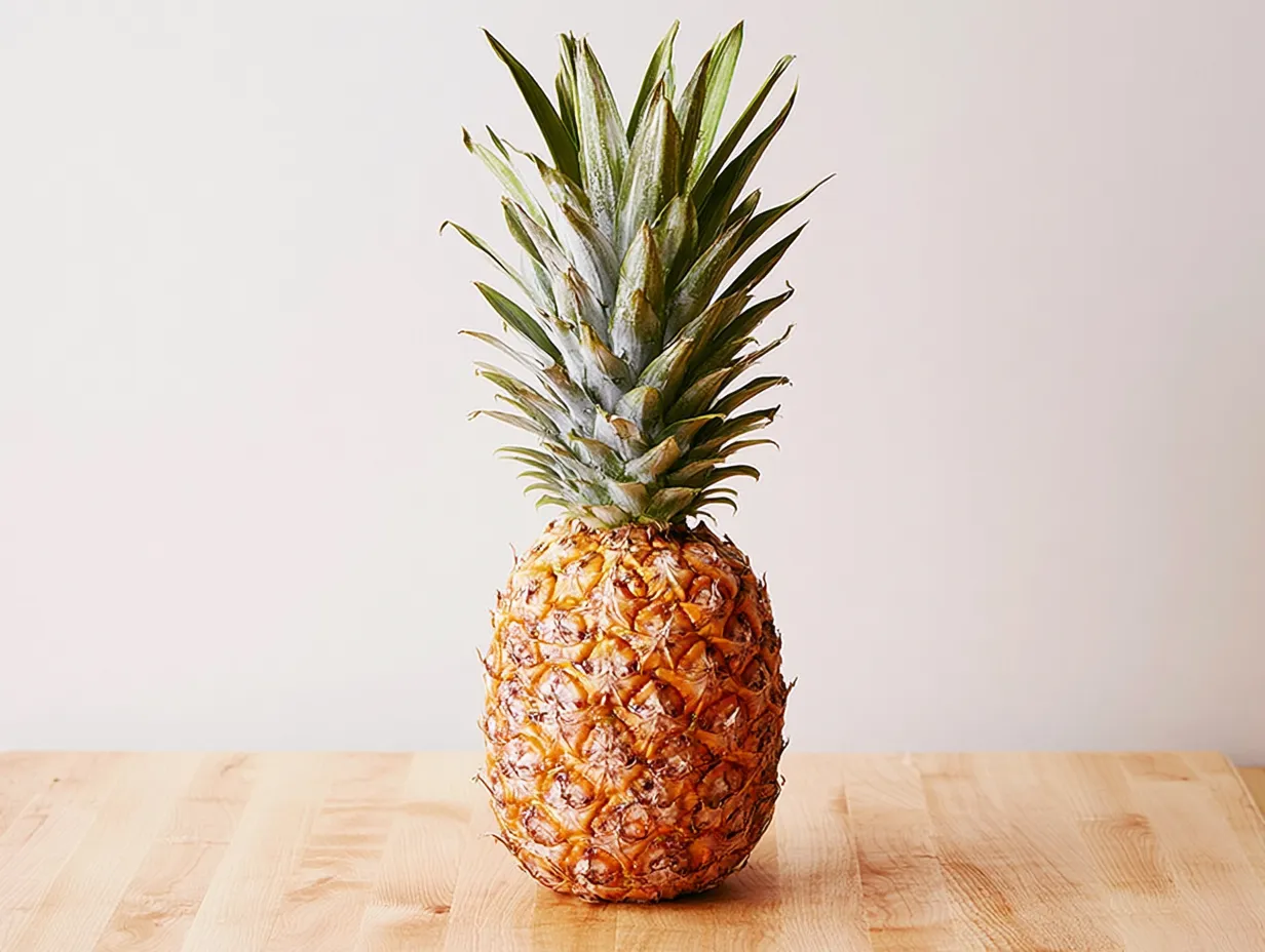 fresh pineapple A whole fresh pineapple with a tall, spiky green crown resting on a light wooden surface against a seamless white background.