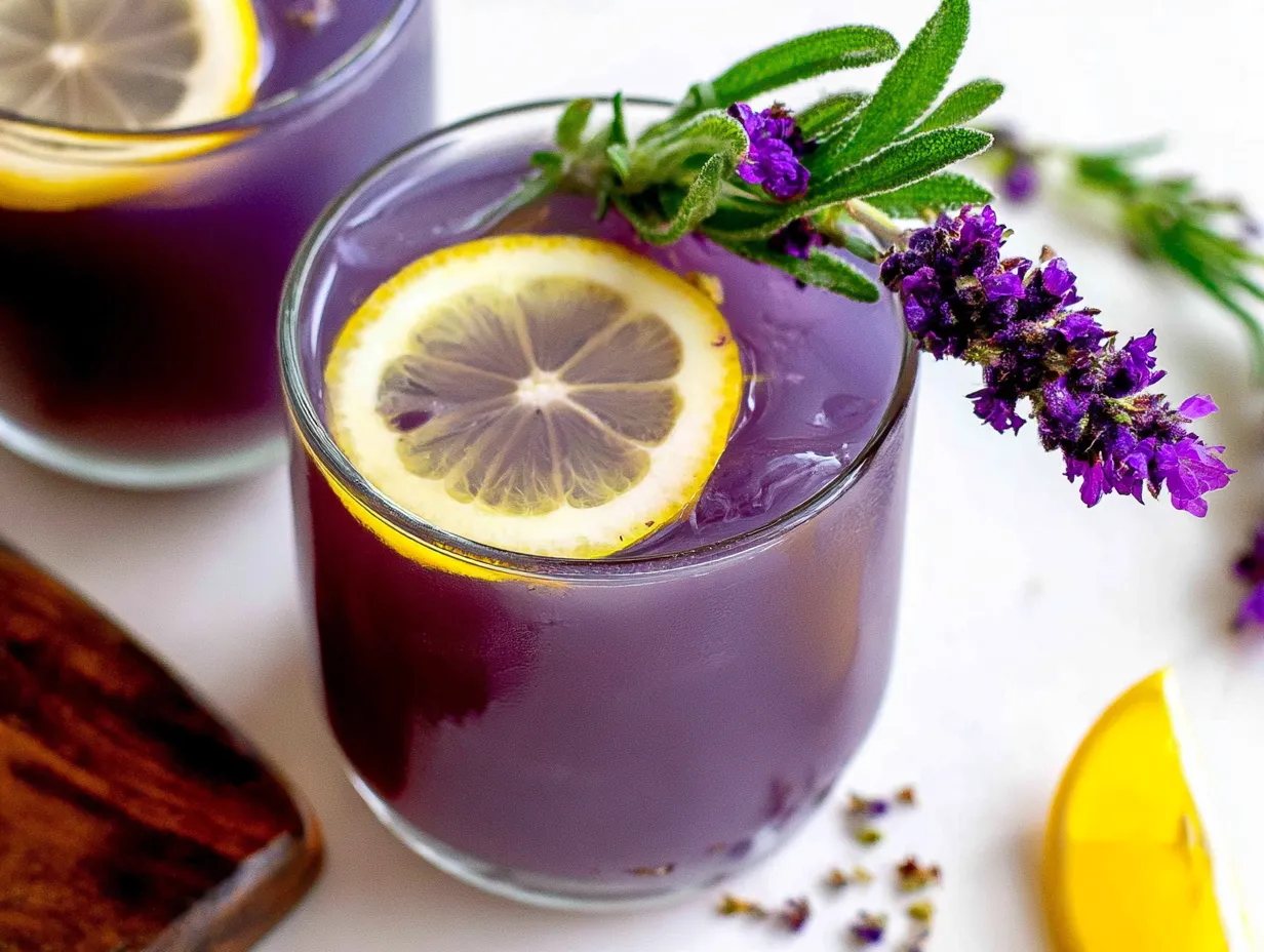 A close-up, overhead shot of a vibrant purple lavender lemonade mocktail served over ice in a short glass. A bright yellow lemon wheel floats on the surface, beautifully garnished with a sprig of fresh purple lavender. Scattered lavender buds and a fresh lemon wedge rest on the white surface nearby.
