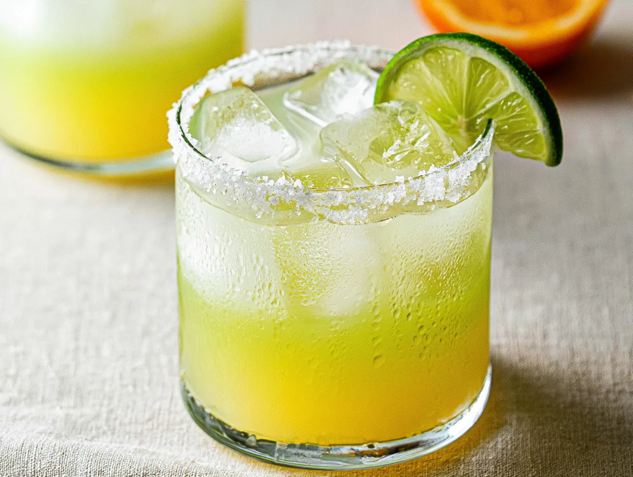 A close-up shot of a chilled virgin margarita mocktail in a condensation-covered rocks glass filled with ice. The drink displays a soft yellowish-green hue, finished with a thick salt rim and a fresh lime slice on the edge, set against a neutral linen background with a second glass and an orange half slightly out of focus.