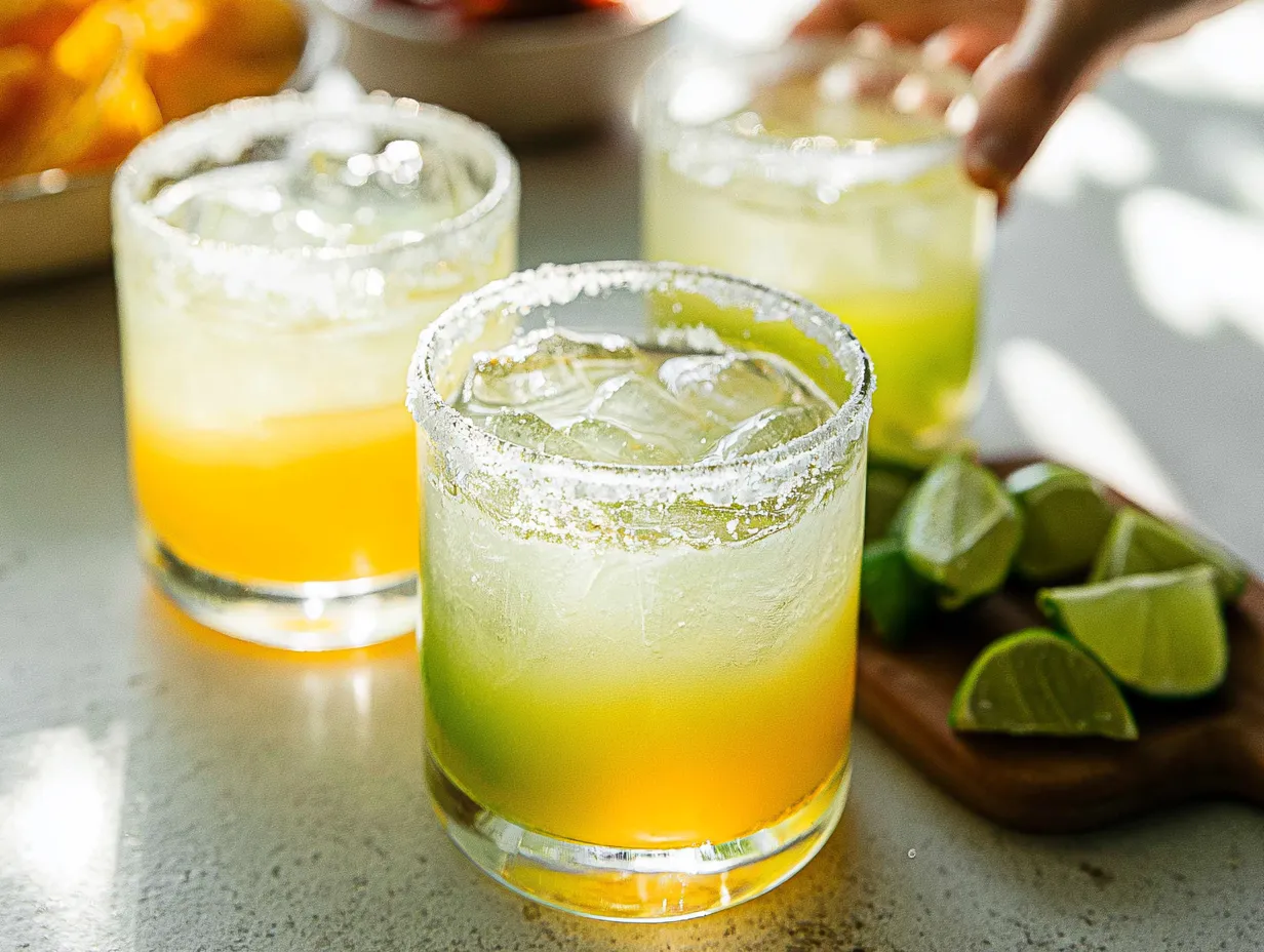 A bright, sunlit gathering scene showing three virgin margarita mocktails in salt-rimmed glasses filled with ice. The foreground glass showcases a vibrant yellow-to-pale gradient, while fresh lime wedges rest on a small wooden board nearby. In the background, a hand reaches for one of the glasses amid soft, natural lifestyle lighting.