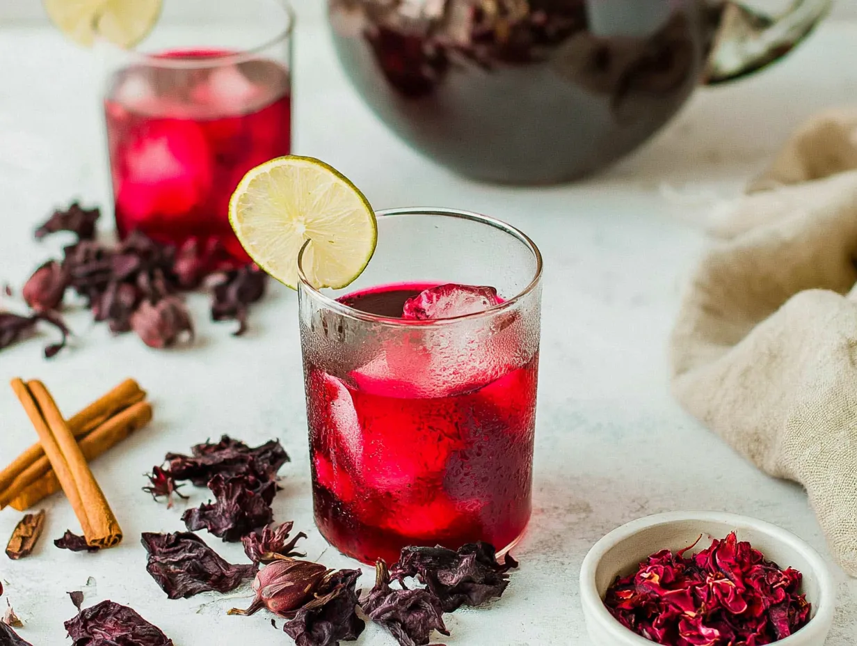 A condensation-dusted glass filled with ice and bright ruby-red Hibiscus Agua Fresca, garnished with a lime wheel on the rim. It sits on a light-colored surface surrounded by scattered dried hibiscus flowers, cinnamon sticks, and a small white dish of crushed red petals. A second glass, a large dark pitcher, and a beige linen napkin are softly blurred in the background.