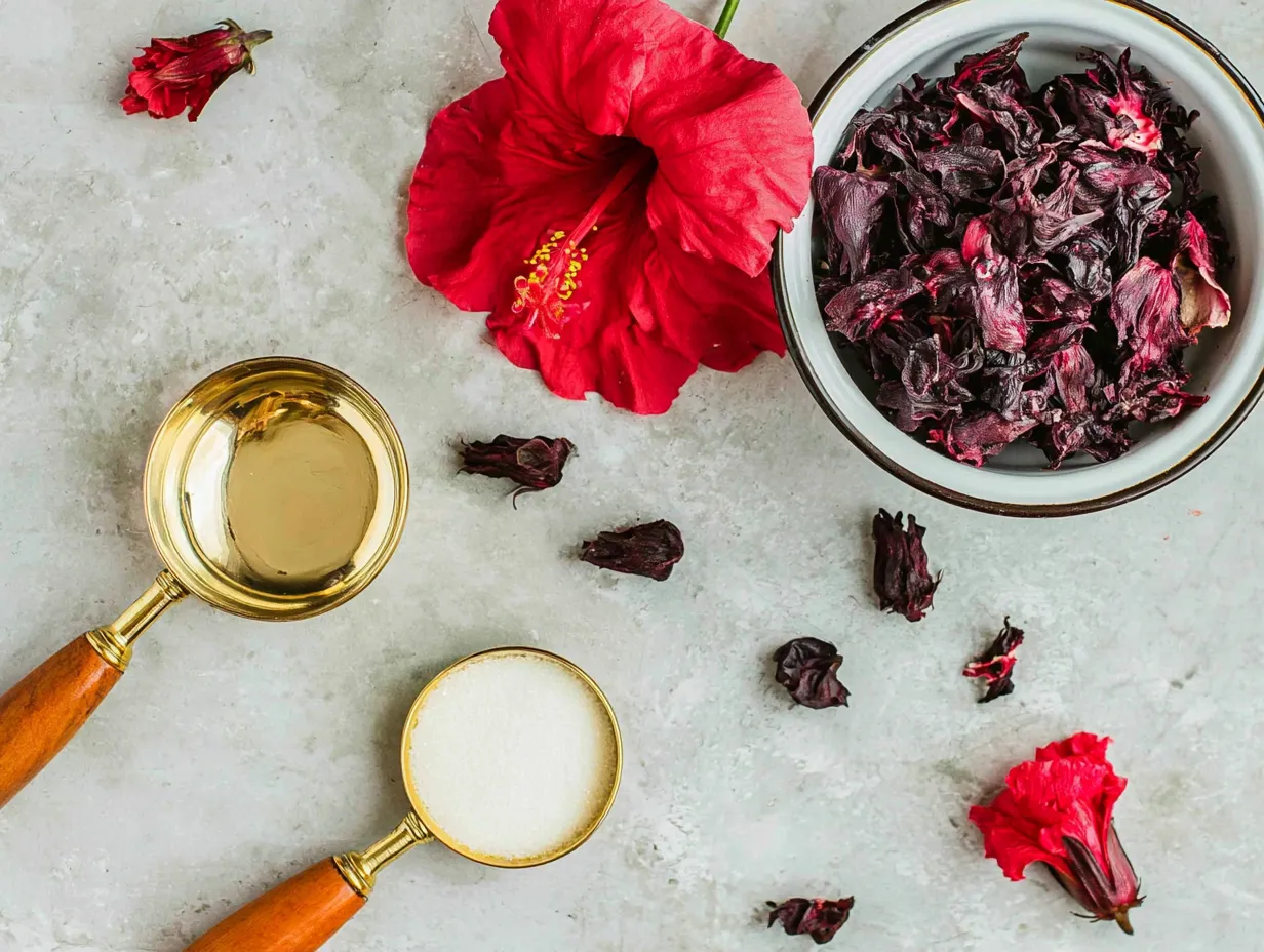 Overhead flat lay of Hibiscus Agua Fresca ingredients on a textured light gray surface. A white bowl is filled with dried dark red hibiscus flowers next to a large, bright fresh red hibiscus bloom. Two gold measuring scoops with wooden handles rest on the left, with one holding white granulated sugar. Small dried and fresh hibiscus buds are playfully scattered around the scene.