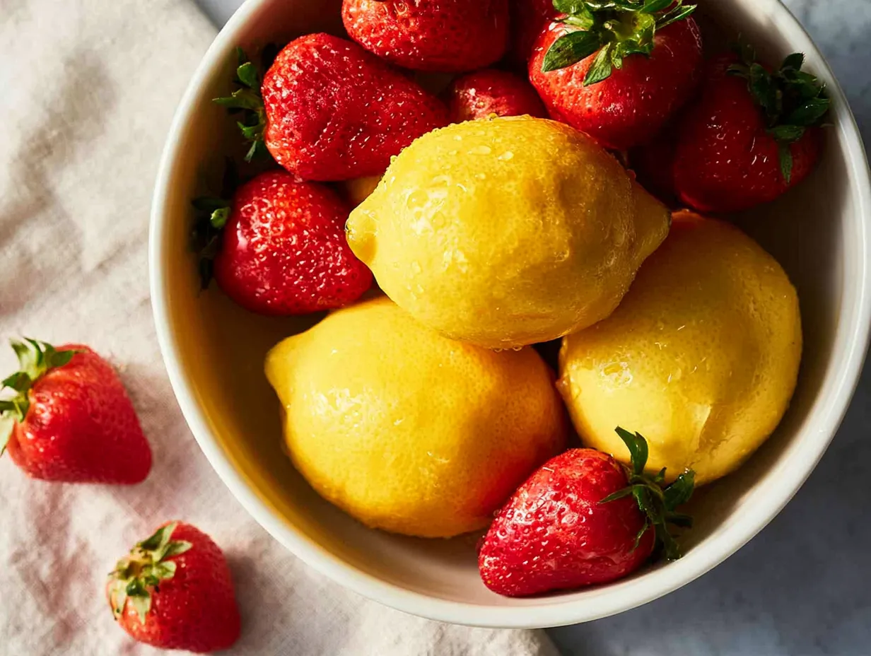 An overhead view of a white ceramic bowl filled with three whole yellow lemons and fresh red strawberries. The fruit is covered in small water droplets. The bowl sits on a light-colored surface next to a beige linen napkin, where two extra strawberries are resting.